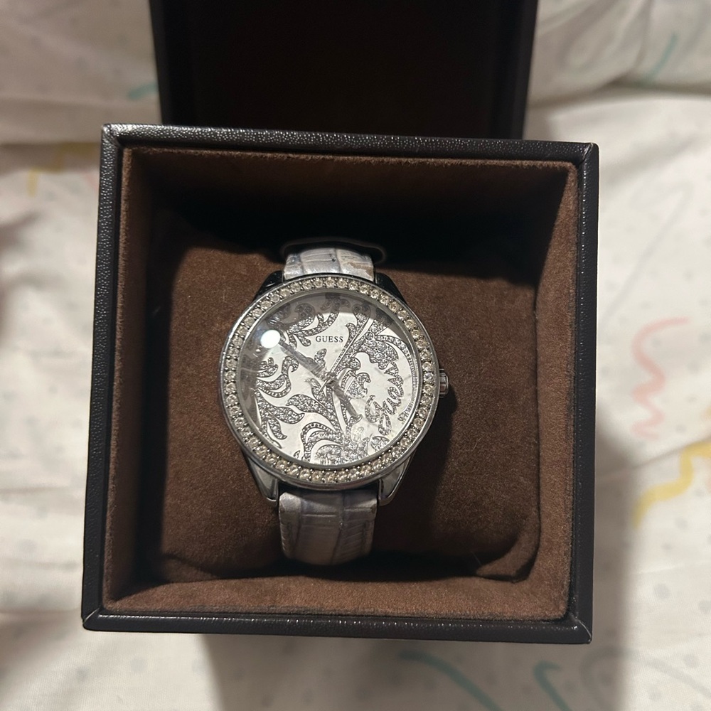 Guess Silver Watch with Intricate Face Design